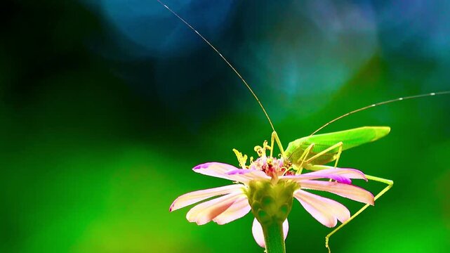 A green katydid bush cricket feeds on a pink zinnia flower pollen in a macro shot, showcasing detailed antennae, slender legs, vibrant colors, and smooth blurred background bokeh.