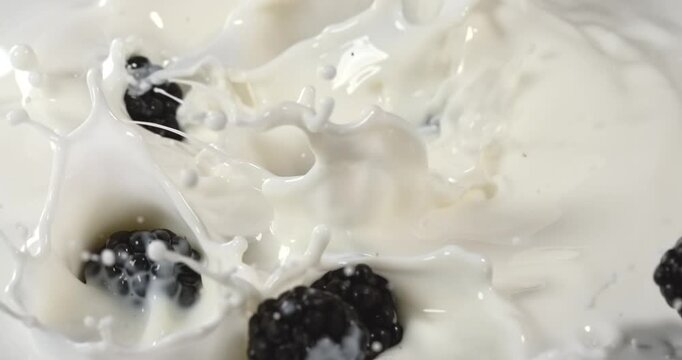 Blackberries falling into milk with splashes in slow motion macro