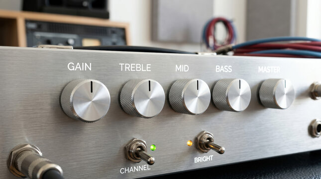 Close up of a brushed metal guitar amplifier control panel. Silver knobs and toggle switches with active LED indicator lights on a professional audio amplifier