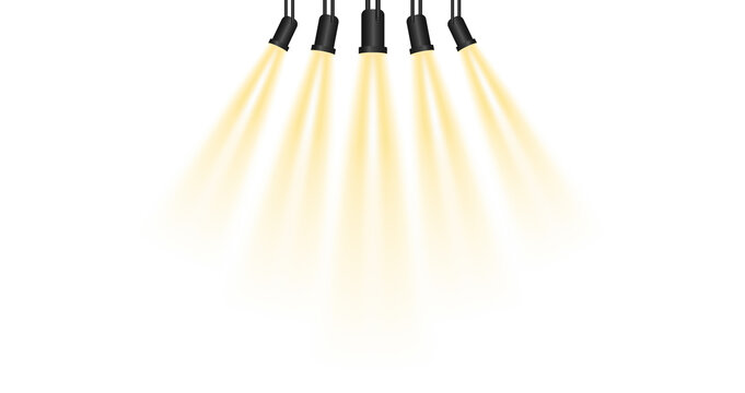 Floodlight beam, illuminated spotlights. Light sources, concert lighting, stage spotlights. Projection studio lights beam. Transparent background