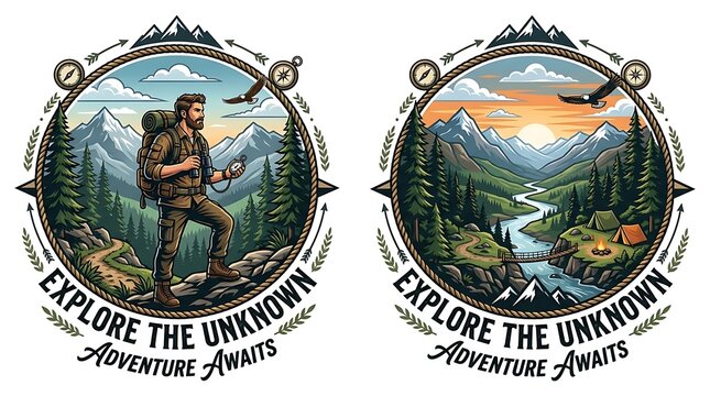 Hiker and mountain landscape emblems for outdoor exploration