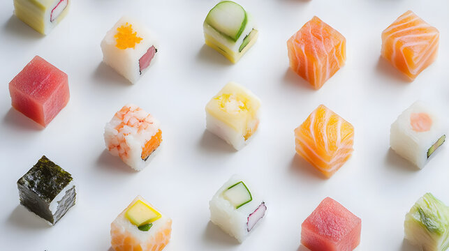 Top view of sushi cubes isolated on white background