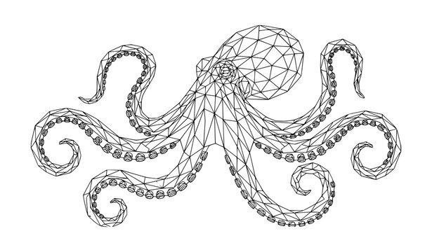Polygonal Line Art Octopus Vector with Geometric Low Poly Wireframe Design