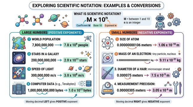 Scientific notation math chart. Educational infographic showing decimal conversion examples.