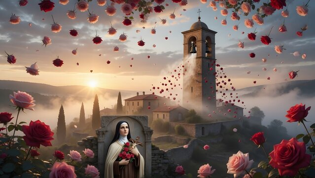 Saint Th&eacute;r&egrave;se of the Child Jesus, thousands of red and pink roses descending around a solitary bell tower calling the world to hope, peaceful hilltop parish surrounded by cypress trees and quiet stone
