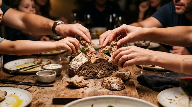 Hands reaching for crusty rustic bread during a family dinner