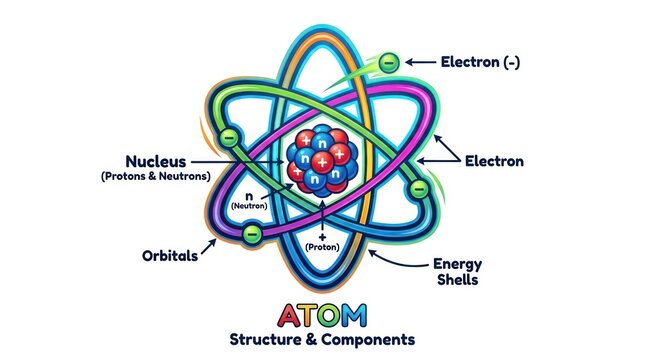 Atom structure diagram with nucleus and electrons. Scientific model of atomic components.