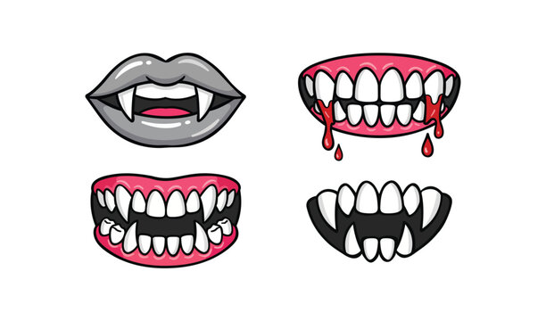 Set of cartoon vampire mouths with sharp fangs, bloody teeth and pink lips vector