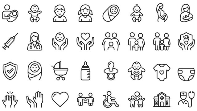 Set of line icons related to child care,   international children day, kid rights, parenthood. Outline icon collection. Editable stroke. Vector illustration