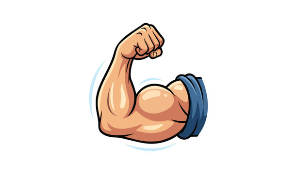 Cartoon illustration of a strong muscular arm flexing biceps, symbol of power, strength, fitness, and bodybuilding vector