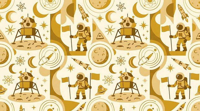 Seamless retro space exploration pattern with astronauts and rockets