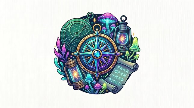 Magical fantasy exploration emblem with compass and lanterns