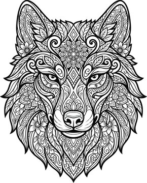 Detailed black and white illustration of a wolf head with intricate floral and tribal mandala patterns