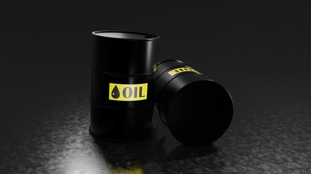 Black Oil Barrels with Yellow Label on Dark Surface - 4K Loop Horizontal