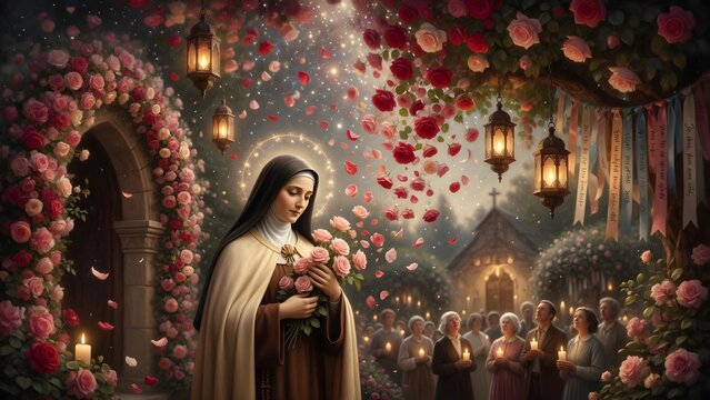 Saint Th&eacute;r&egrave;se of the Child Jesus, thousands of red and pink roses descending among hanging devotional lanterns illuminating a parish garden festival, peaceful outdoor celebration with prayer ribbons, 