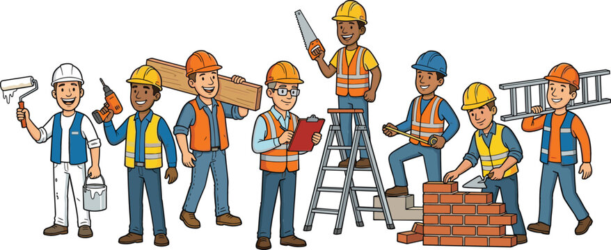 Diverse construction workers team with tools and equipment builder painter engineer and mason cartoon vector illustration