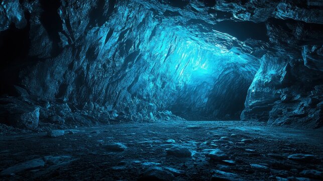 Subterranean cavern walls glistening with blue mineral deposits