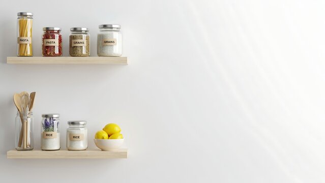Minimalist Kitchen Shelves Displaying Pantry Items and Fresh Produce