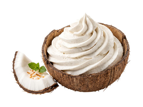 Coconut mousse in a bowl with mint leaf and coconut slice isolated on transparent background art