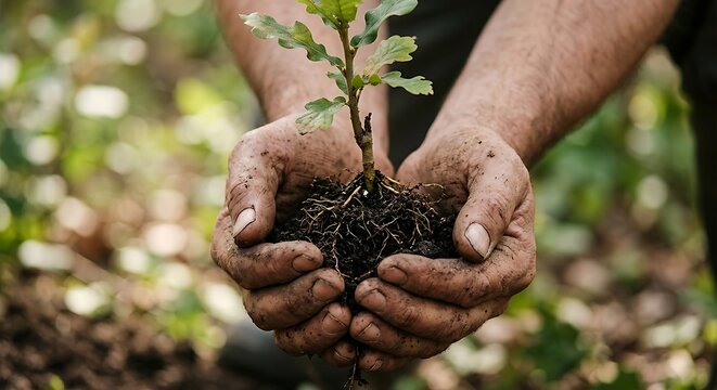 Dirty hands holding a small oak tree sapling ready for planting
