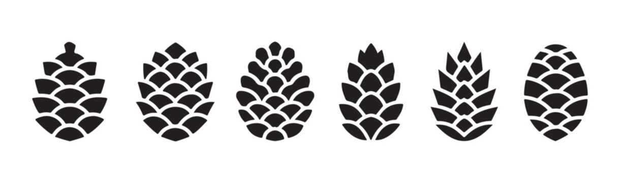 Set of black pine cone silhouette icons for forest nature design and winter seasonal art.