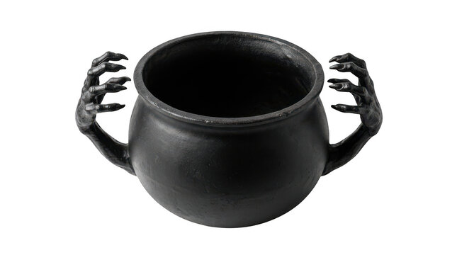 Black witch cauldron with clawed hand handles isolated on transparent background