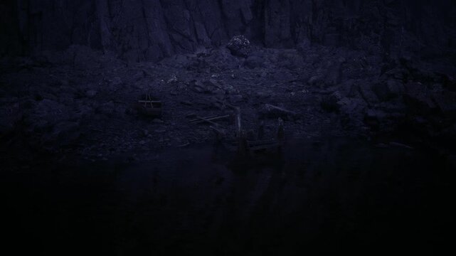 Mirror water at rocky cliff base, still reflective surface captures dark sky and jagged cliff silhouette, tranquil minimalist scene with deep blue color grading