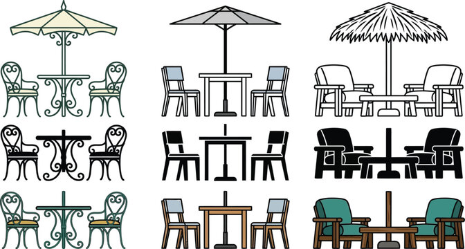 Collection of stylish outdoor caf seating arrangements with tables chairs and umbrellas in various modern designs