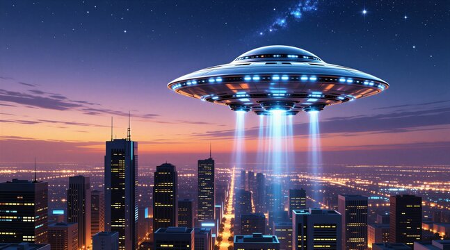 Metallic flying saucer hovers over city skyline at night with glowing blue beams illuminating buildings. Mysterious extraterrestrial spacecraft appears in starry sky above urban skyscrapers. Sci fi