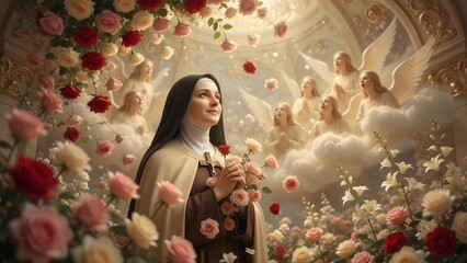 Fototapeta premium Saint Thérèse of the Child Jesus, thousands of red and pink roses descending among subtle angelic silhouettes surrounding her in a gentle heavenly choir, serene celestial chamber with golden clouds, l