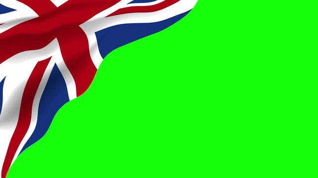 High-quality motion graphic of a realistic UK flag waving in the corner on green screen. Ideal for news, business, TV, Social Media, and compositing.