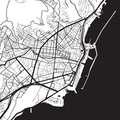 Obraz premium Santa Cruz de Tenerife in Spain Coastline map displays an intricate network of city streets meeting the edge of a dark sea in a technical graphic format.