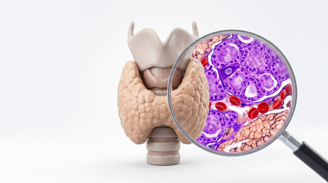 Close-up microscopic view of human thyroid gland tissue with magnifying glass overlay on 3D anatomical model