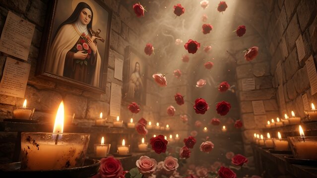 Saint Th&eacute;r&egrave;se of the Child Jesus, thousands of red and pink roses falling through a small candle chapel filled with rows of votive lights and whispered prayers, intimate sacred interior with stone wal