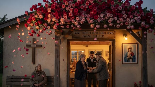 Saint Th&eacute;r&egrave;se of the Child Jesus, thousands of red and pink roses descending over a parish shelter doorway where volunteers welcome the lonely and the poor, modest Catholic charity setting with benche