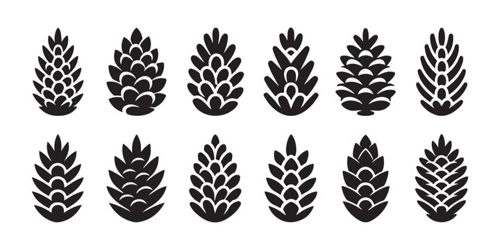 Twelve different black pine cone vector shapes for floral and forest nature design elements.