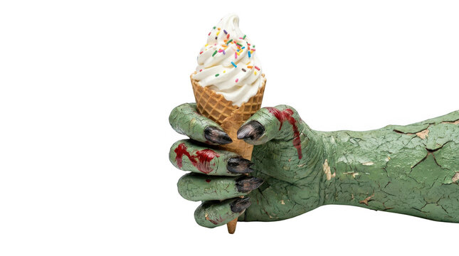 Zombie hand holding an ice cream cone isolated on transparent background