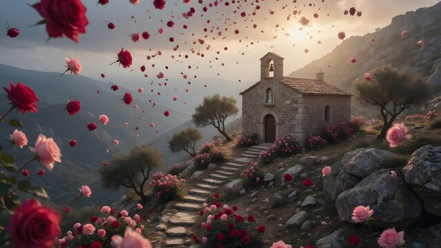 Saint Th&eacute;r&egrave;se of the Child Jesus, thousands of red and pink roses falling around a remote hermitage perched on a rocky hillside as a sign of heavenly nearness, rugged landscape with simple stone chape