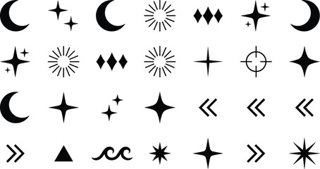 Fototapeta premium Celestial Moon and Sparkle Symbol Icon Set with Sunbursts, Stars, Arrows, Target Marks, Waves, and Minimal Geometric Vector Elements