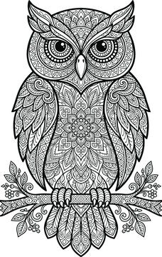 Detailed black and white line art illustration of a majestic owl sitting on a tree branch