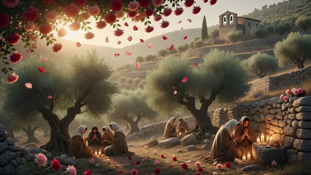 Saint Th&eacute;r&egrave;se of the Child Jesus, thousands of red and pink roses falling over a quiet olive grove where small prayer groups gather beneath ancient trees, Mediterranean hillside with rustic stone wall