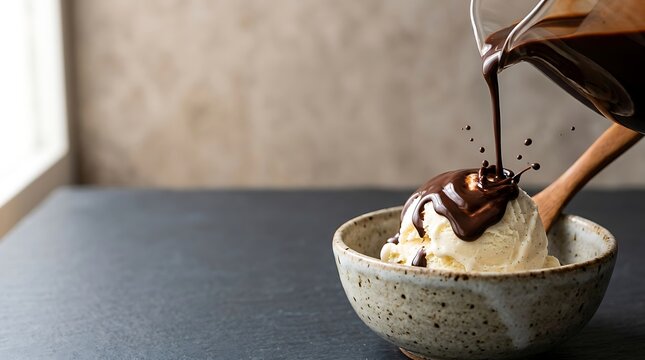 Thick chocolate sauce pouring over a scoop of vanilla ice cream