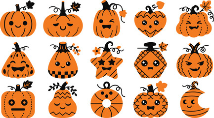 Fototapeta premium Set of cute hand drawn pumpkins with funny faces for halloween decorations and autumn seasonal design elements