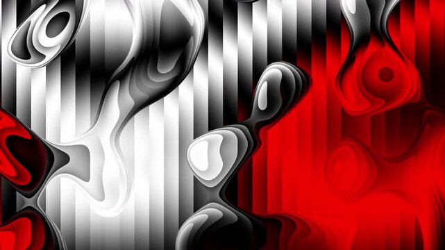 This video features a smooth, looping animation of monochrome and red wavy lines and three-dimensional organic shapes. High-contrast