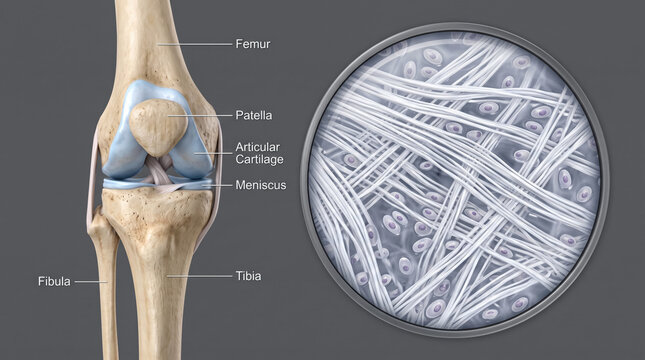 Detailed 3D illustration of human knee joint anatomy with microscopic view of ligament fibers