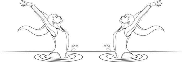 Obraz premium two women are performing synchronized arm extensions above water surface. Precision and fluid motion of aquatic sport.one line drawing