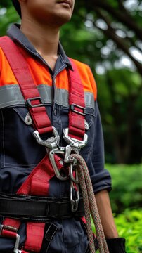 Person in outdoor adventure gear prepares for climbing with harness, carabiners, and rope on a dark blue background showcasing detailed climbing equipment