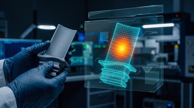 Engineer examines 3D scanned turbine blade using augmented reality in advanced manufacturing facility