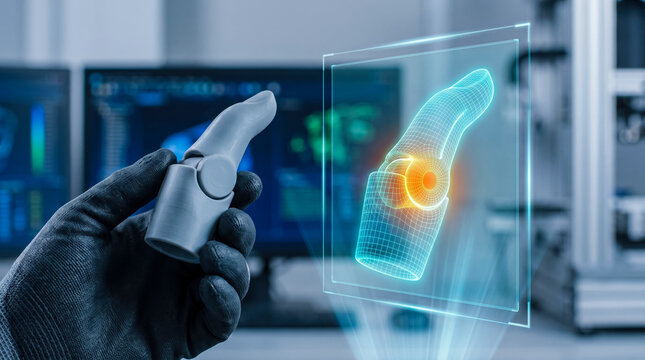Engineer holding robotic prosthetic hand with augmented reality joint visualization in modern lab
