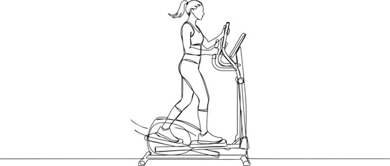woman is intensely working out on elliptical machine, maintaining upright stance, cardio endurance and fitness workout.one line drawing © Hossen